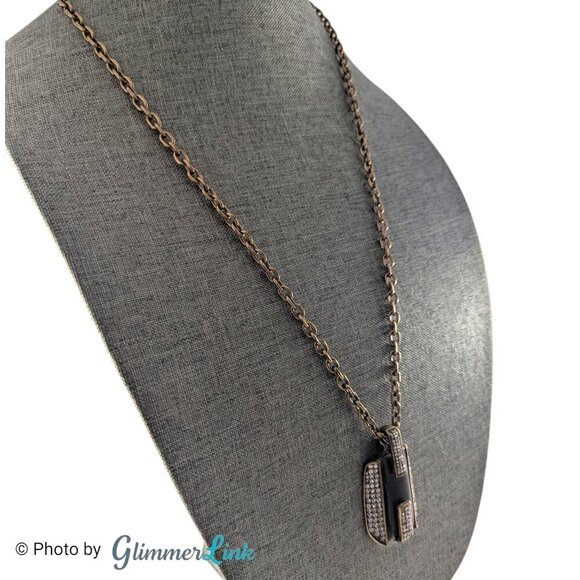 Ann Taylor Bronze Tone Geometric Pave Rhinestone Crystal Pendant Necklace - Picture 2 of 10